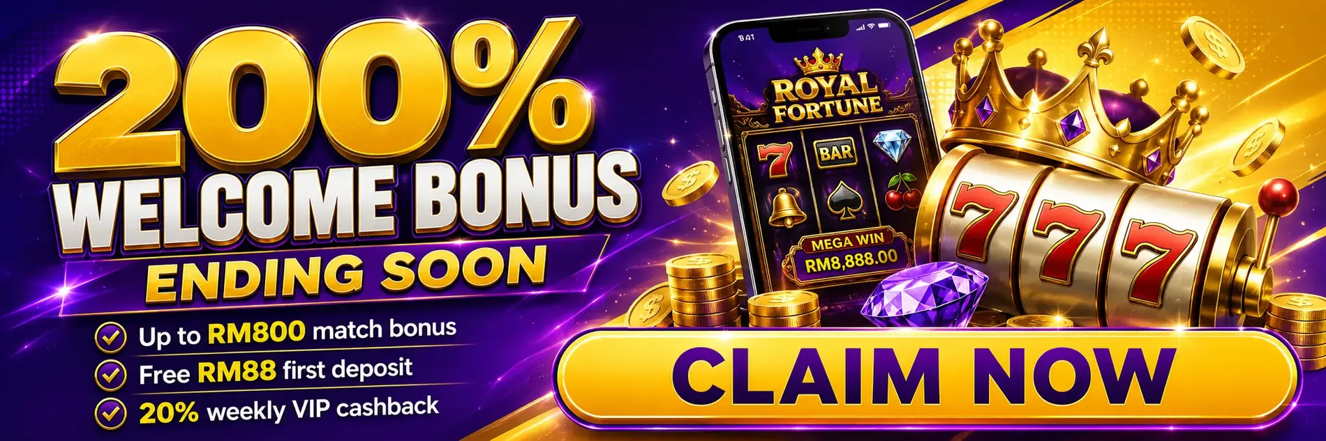 200% Welcome Bonus ending soon - up to RM800 match bonus, free RM88 first deposit, 20% weekly VIP cashback